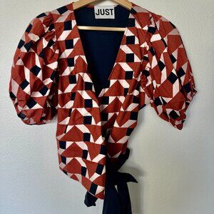 Garmentory Just Female V Neck 3/4 Balloon Sleeve Wrap Blouse Red Navy Size Small